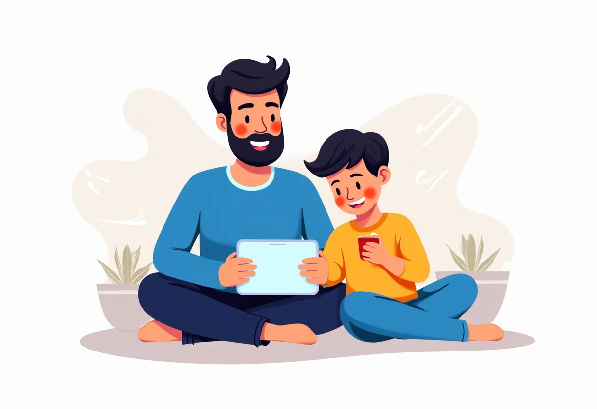 Padre e hijo usando una aplicación escolar